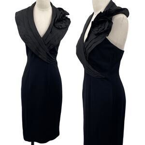 Tadashi Shoji Cocktail Dress Silk Ruffled Halter Collar Rosette Black Womens S